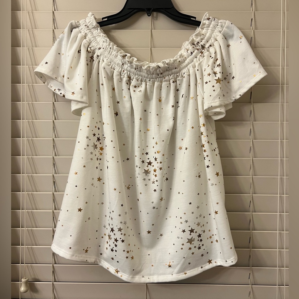 Hummingbird Women’s Small White Off Shoulder Blouse Smocked Gold Star Print Top
